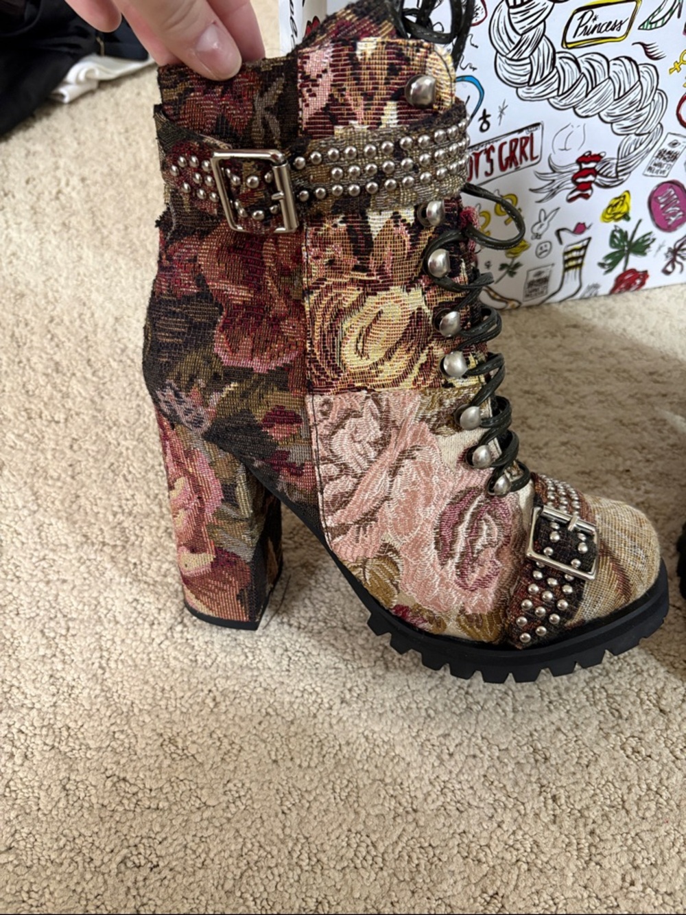 Jeffrey Campbell Floral Tapestry Combat Boots - Pink, Brown & Gold - Picture 2 of 7